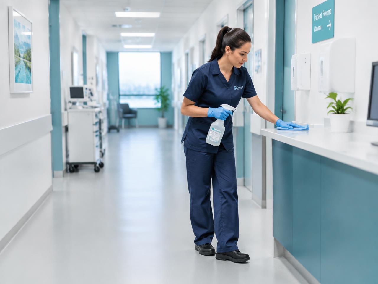 Technician disinfecting a medical clinic